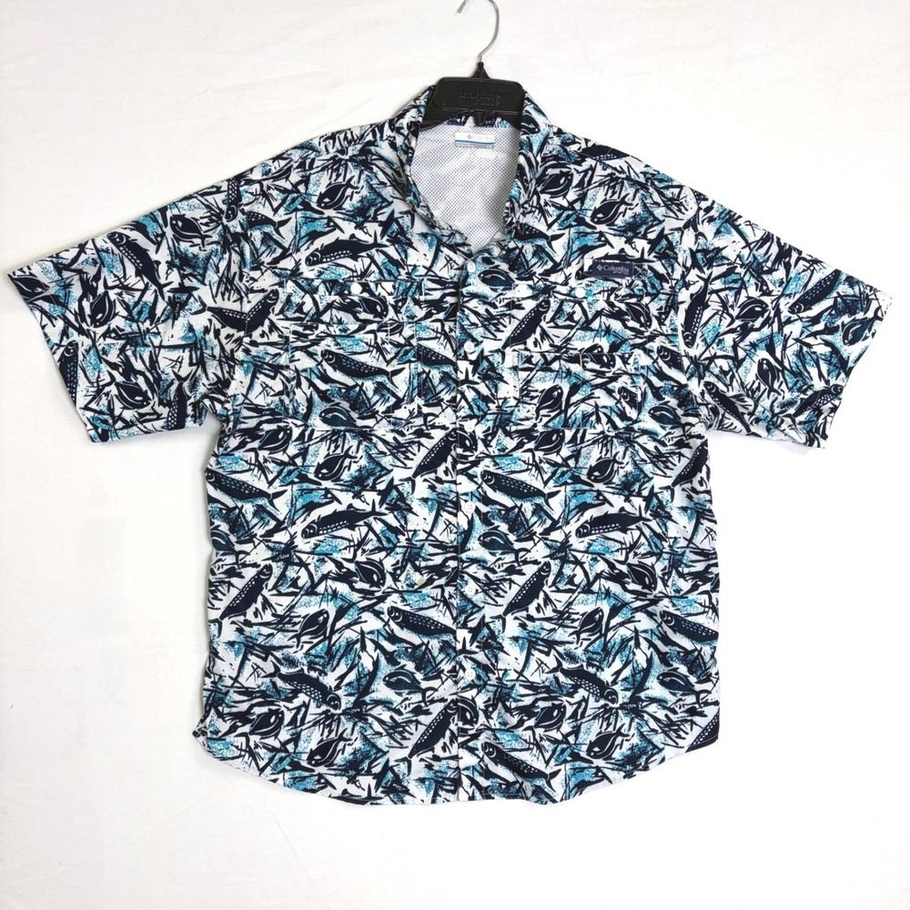 Columbia PFG Super Tamiami Mens Large Blue Fish Print Vented Fishing Shirt